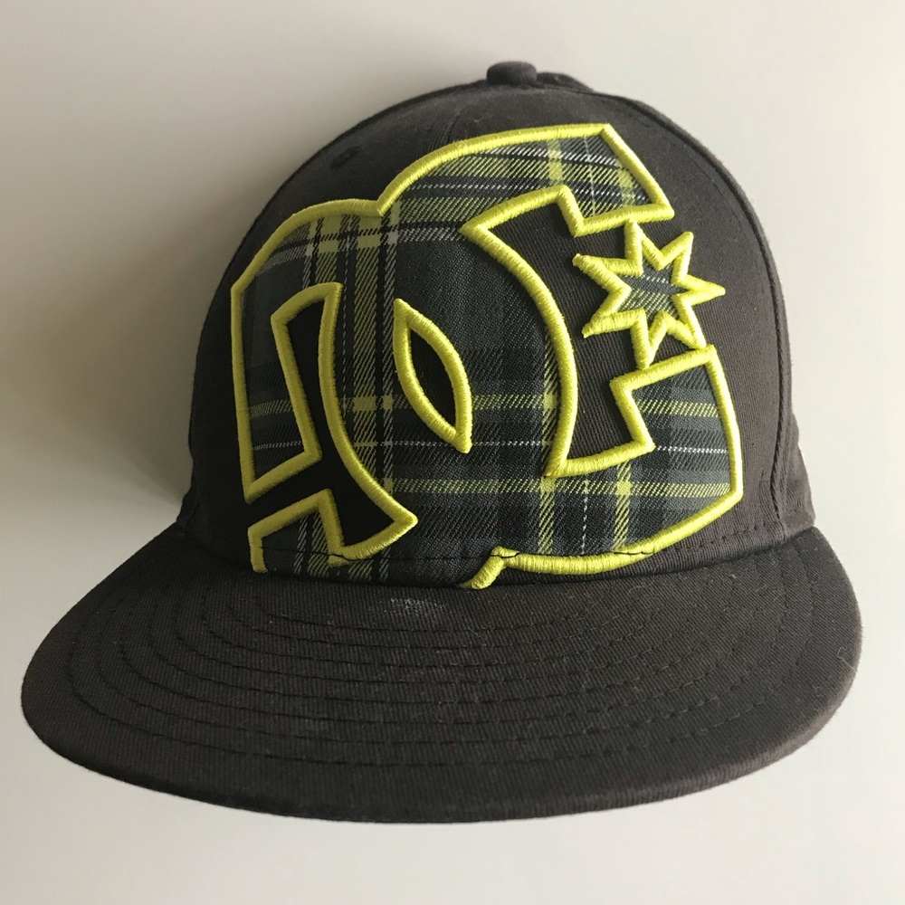 Dark brown and neon yellow plaid DC flatbill hat